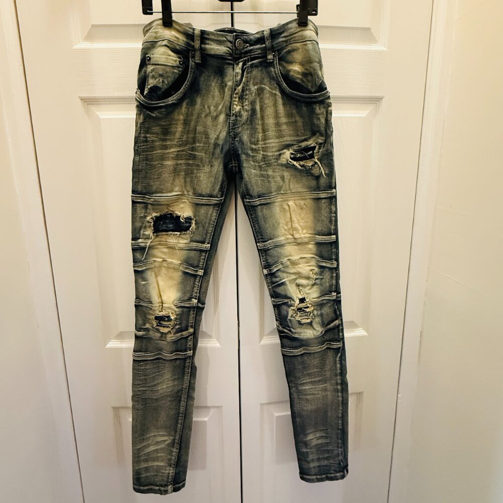 TAKER Blue Distressed Men's Jeans 30x32  (32 inseam/ 30 waist measured) stretch - Picture 8 of 15